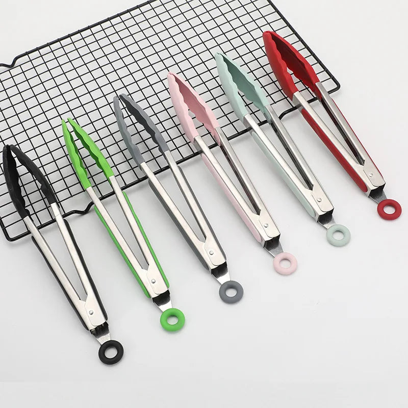 1Piece 9 Inch Silicone Food Tong Stainless Steel Grill Tongs Non-Slip BBQ Salad Grilling Tong Household Kitchen Cooking Tools