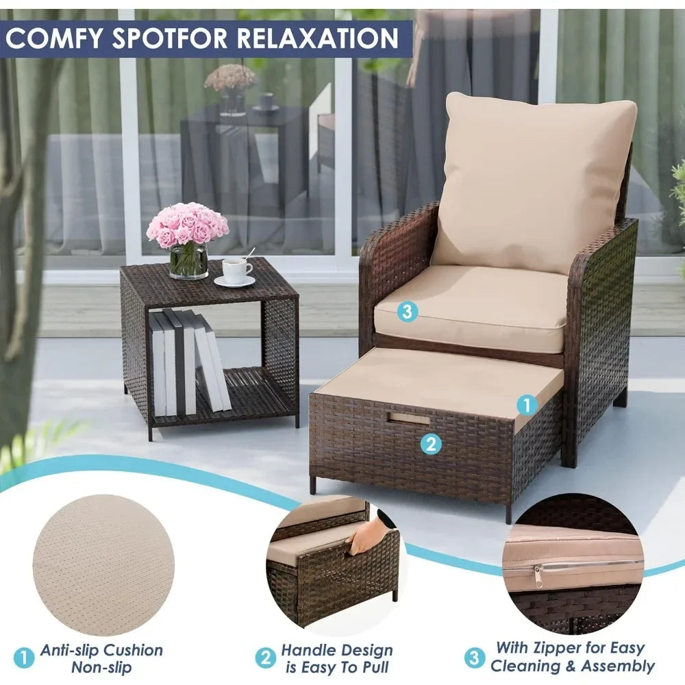 5 Pieces Patio Conversation Set All-Weather PE Rattan Outdoor Balcony Furniture Set, Patio Chair with Ottoman & Coffee Table