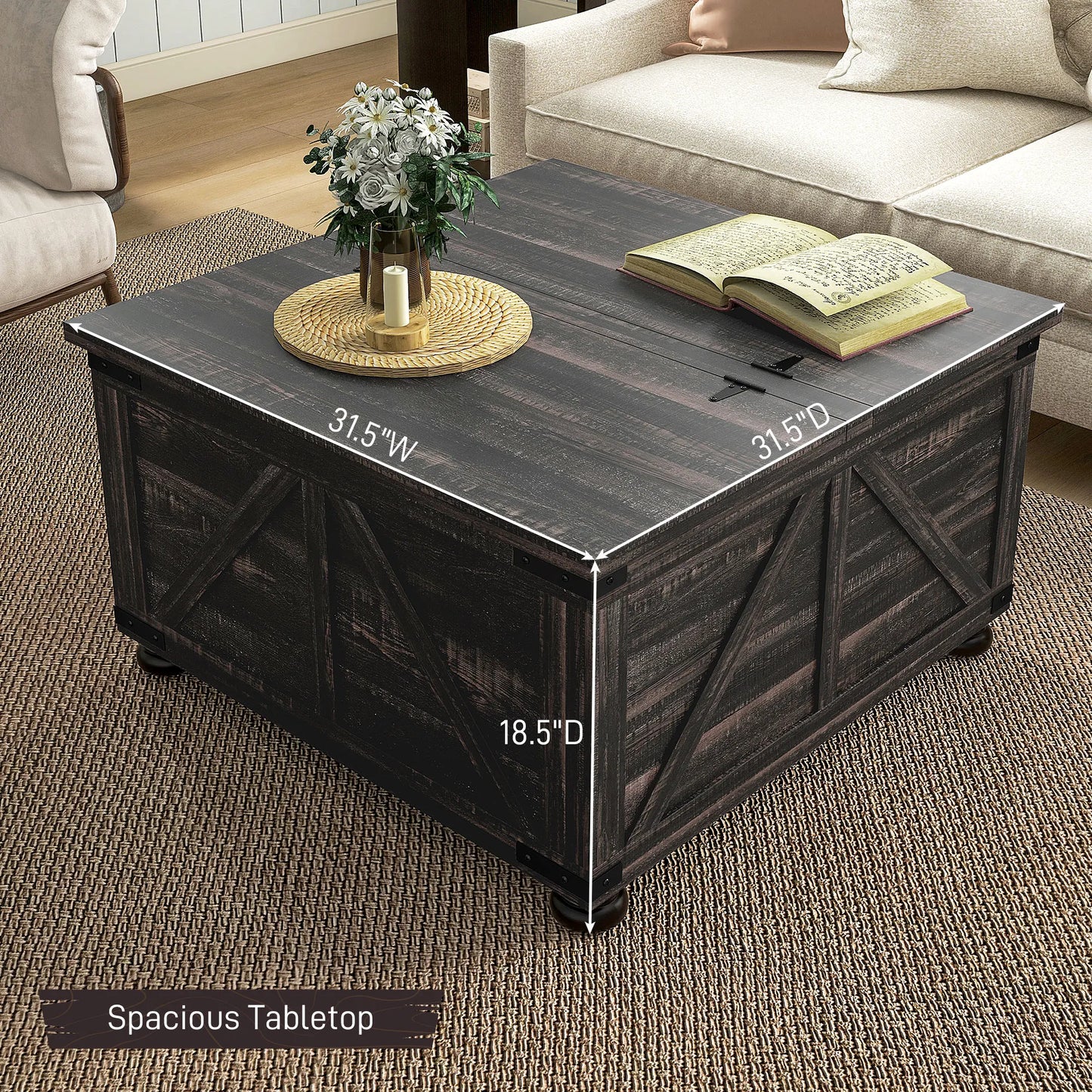 Coffee Table with Flip Top Hidden Storage, Square Center Table Distressed Brown