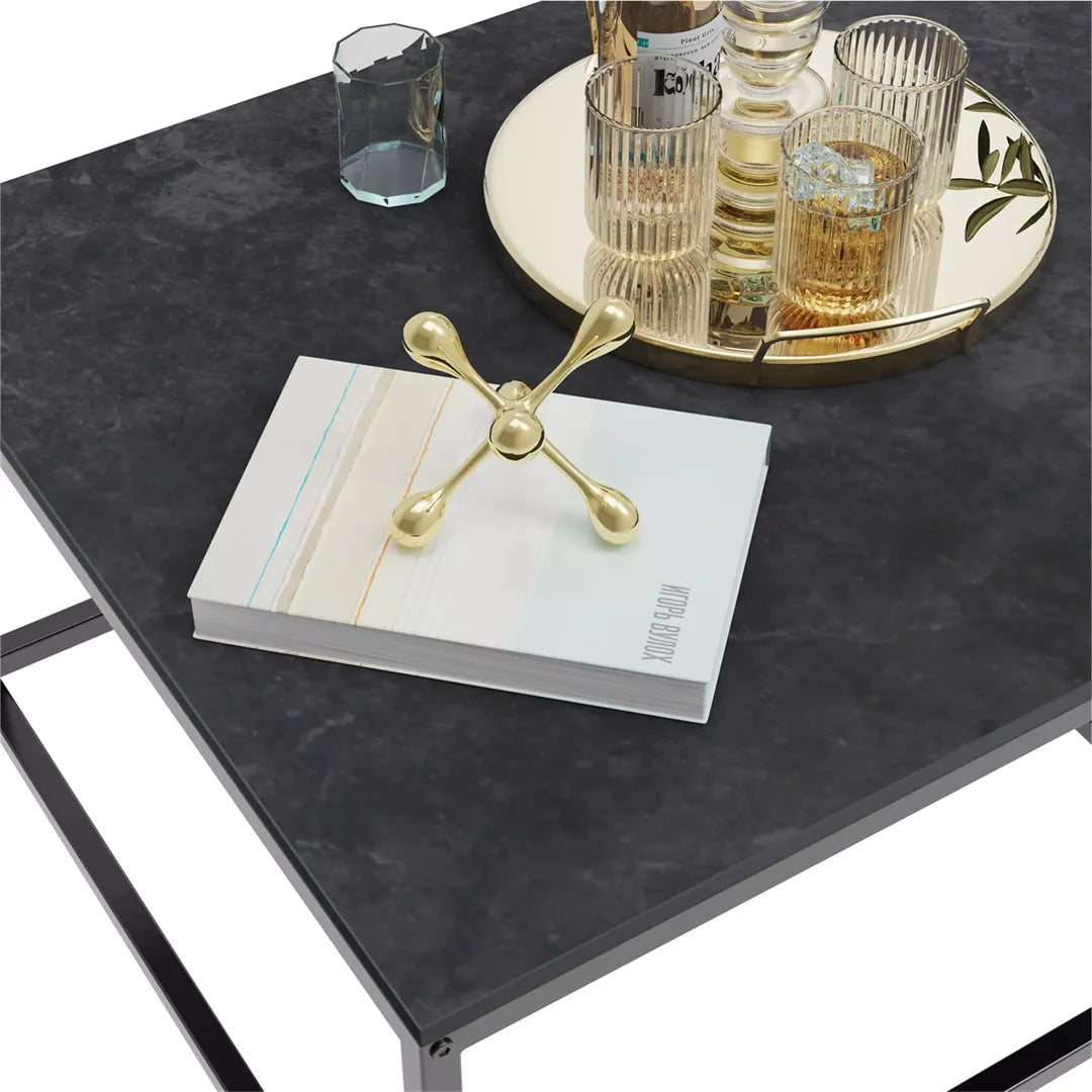 LUVODI Set of 2 Living Room Stackable Rectangle Nesting Coffee Accent Tables with Black n White Sintered Stone Tabletop