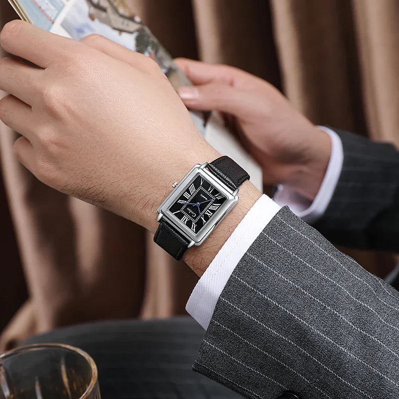 New Fashion Watch Designer Rectangle Dial Quartz Watch for Men Casual Leather Strap Luxury Business Wristwatch Relogio Masculino