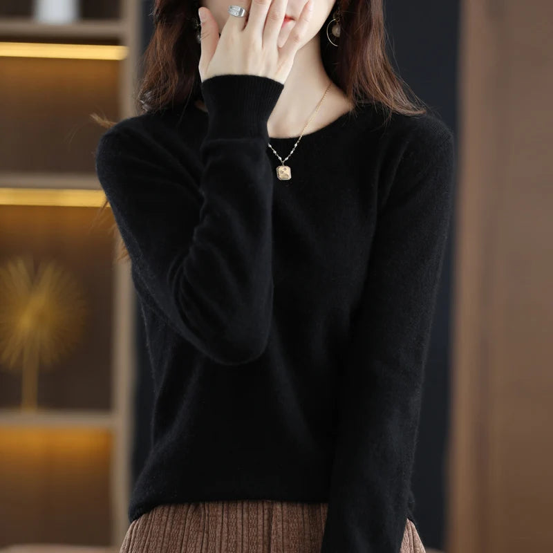 100% pure wool cashmere sweater women's O-neck pullover casual knit top autumn and winter women's coat Korean fashion