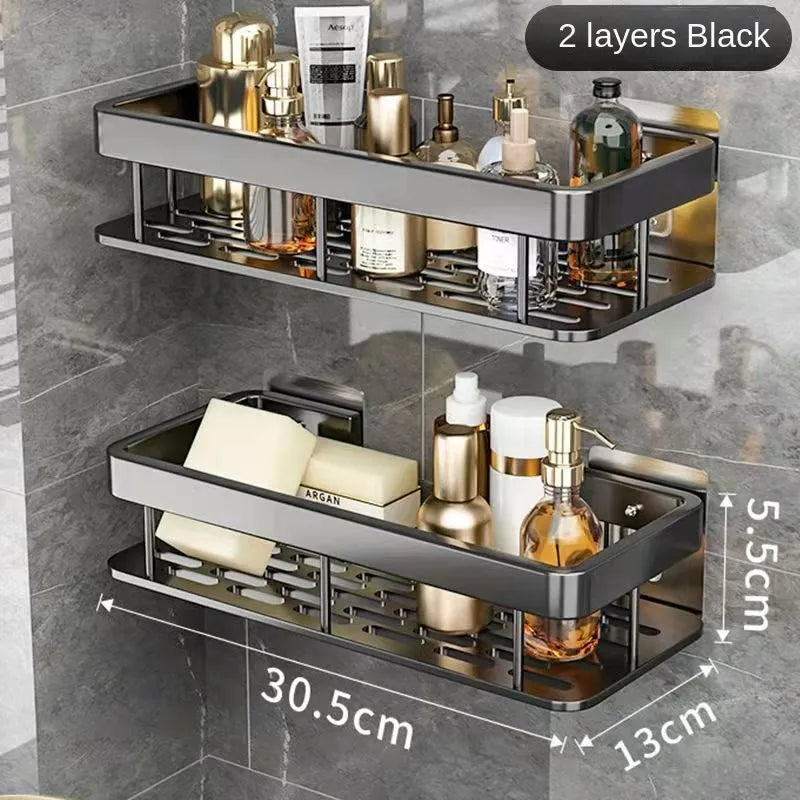Luxury Bathroom Shelves Without Drilling Rustproof Aluminum Shower Wall Shelf Shampoo Towel Holder Bathroom Organizer Accessorie