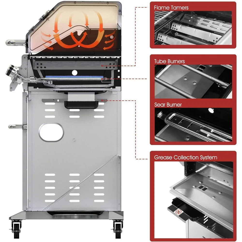 6 burner Propane gas grill with side burner and heating rack, 74,000 btu, cabinet grill for grilling and cooking