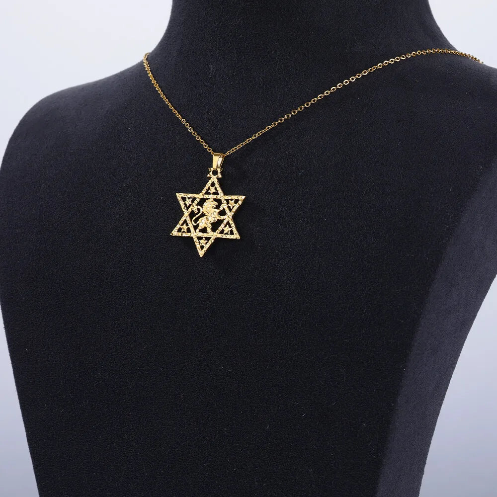 Lion Star of David Necklaces For Women Men Gold Color Stainless Steel Pendant Necklace Male Female Neck Chain Jewelry