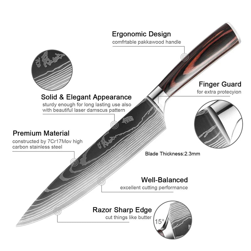 PLYS Kitchen Knife Set Damascus Pattern Laser Engraved Stainless Steel Sharp Japanese Chef's Knife