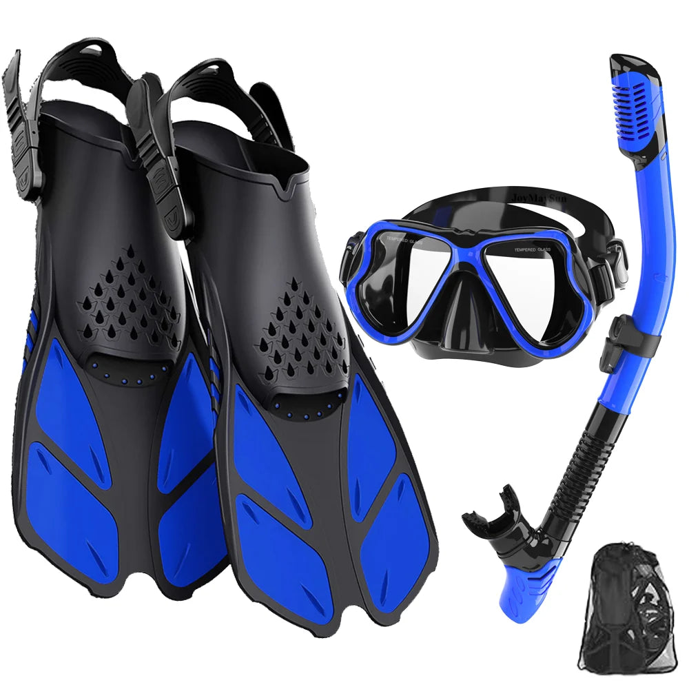 Mask Fin Snorkel Set Snorkeling Gear for Adults with Panoramic View Anti-Fog Mask Trek Fins Dry Top Snorkel and Gear Bag