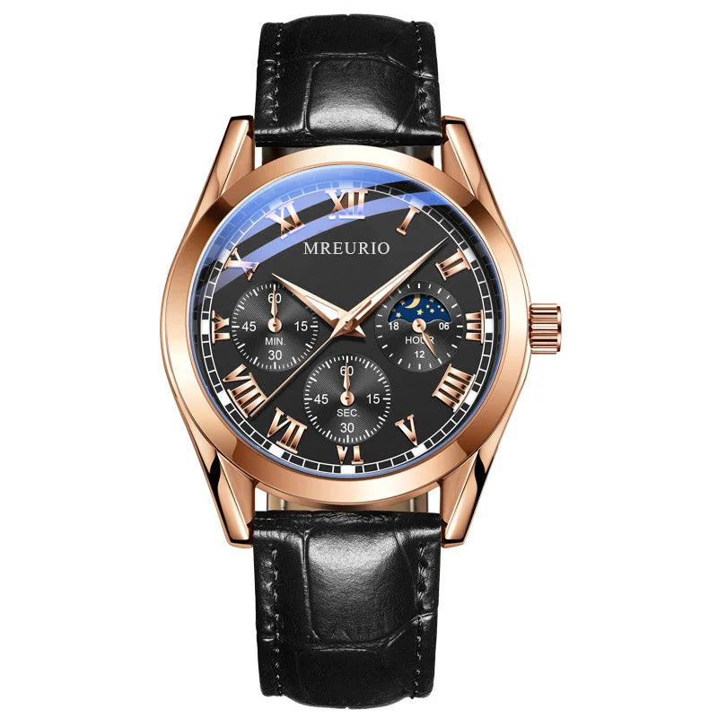 Fashion Business Watches Fake Three-Eye Roman Numerals Dial Clock Leather Strap Quartz Watch for Men Wristwatch Часы Мужские