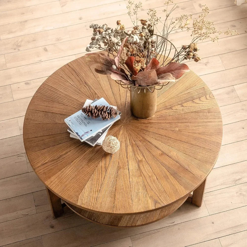 Coffee Table Wood Round for Living Room, 2 Tier Circle  with Storage, Rustic Natural Coffee Table for Apartment, Coffee Tables