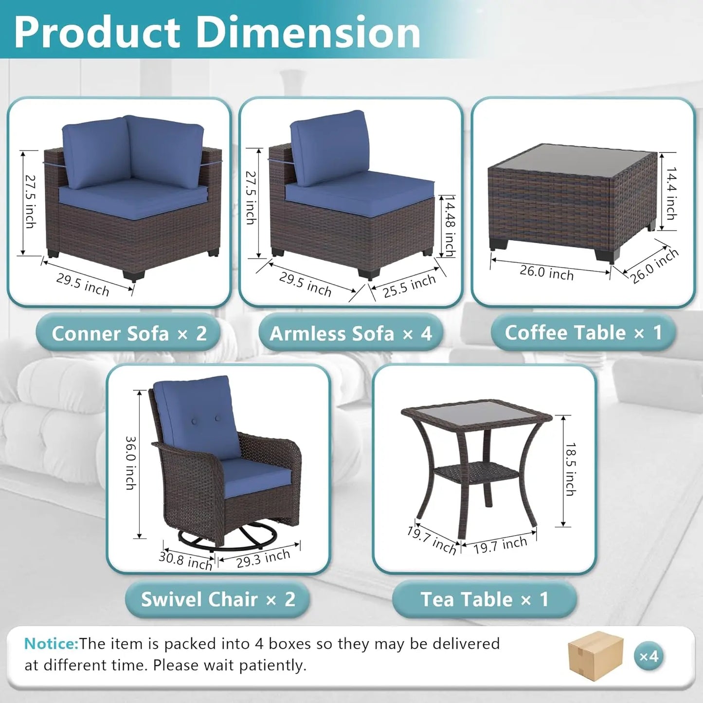 Patio Furniture Modularwith Swivel Chairs Outdoor Sectional Wicker Rattan w/Fire Pit Conversation Sofa Set for Backyard