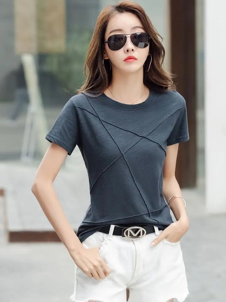 AOSSVIAO Summer Slim Cotton Bamboo T-Shirts Women 2024 O-Neck Short Sleeve Ribbed Tshirts Female Casual Solid Color Tops