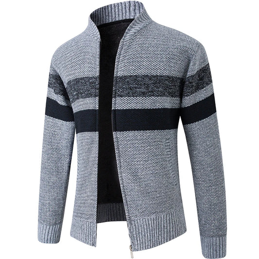 New Fashion Striped Knitted Cardigan Men Winter Fleece Warm Sweater Jacket Mens Daily Casual Knitting Sweater Men Slim Cardigans