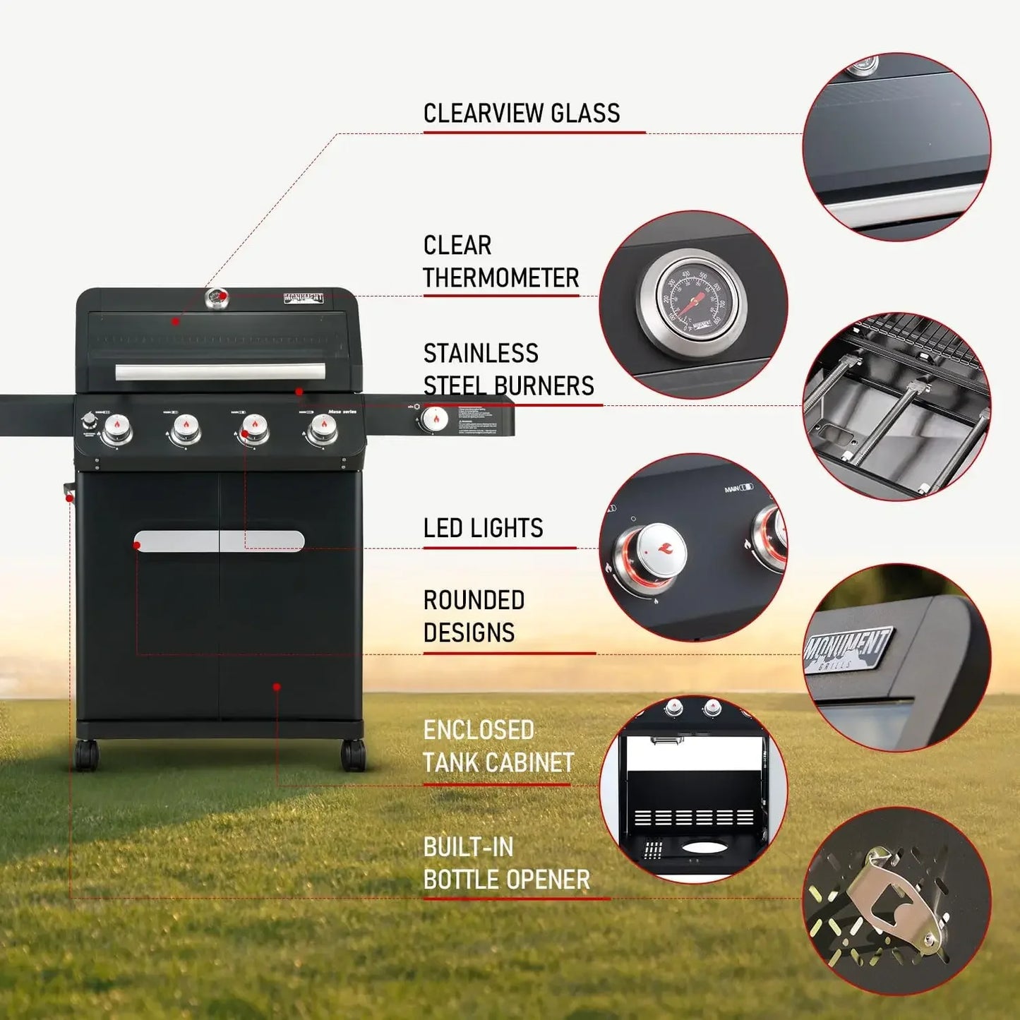 Outdoor Barbecue Stainless Steel 4 Burner Propane Gas Grill, 52,000 BTU Patio Garden Barbecue Grill with Side Burner
