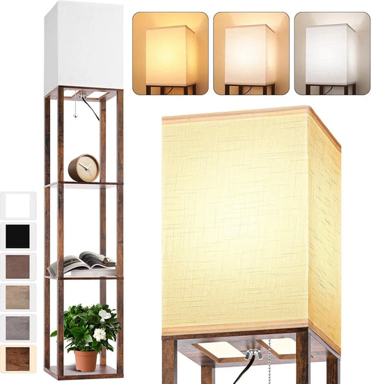 Floor Lamp with Shelves for Living Room Brown, Shelf Floor Lamp with 3 CCT LED Bulb