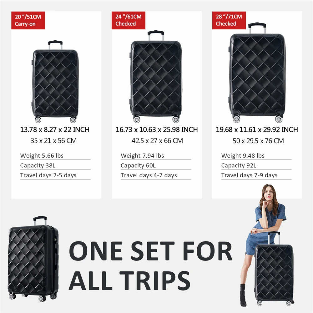 3 Pieces Hardshell Rolling Luggage Sets 20"+24''+28" Spinner Suitcase with TSA Lock Lightweight Luggage For Women Men Travel