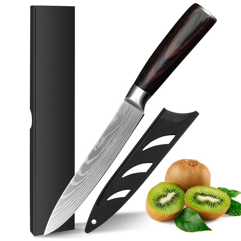 Utility Knife, 5 Inch Fruit Knife, Chef's Knife, With ergonomic colorful wooden handle for cooking meats, fruits and vegetables