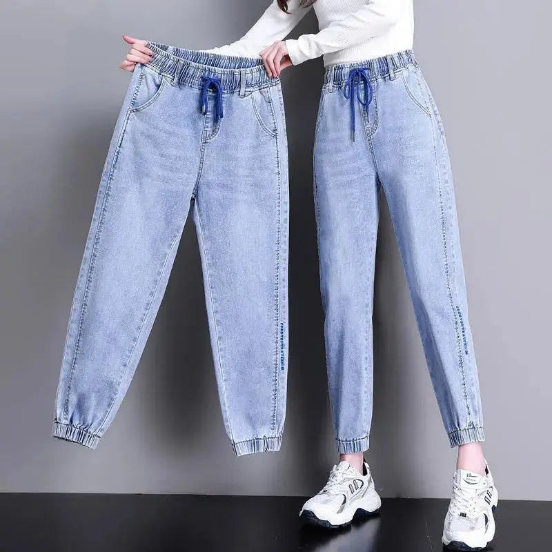 High Waist Denim Harlan Pants Women's Spring Autumn New Loose Elastic waist Jeans Female Loose Student Casual Ankle leng Pants