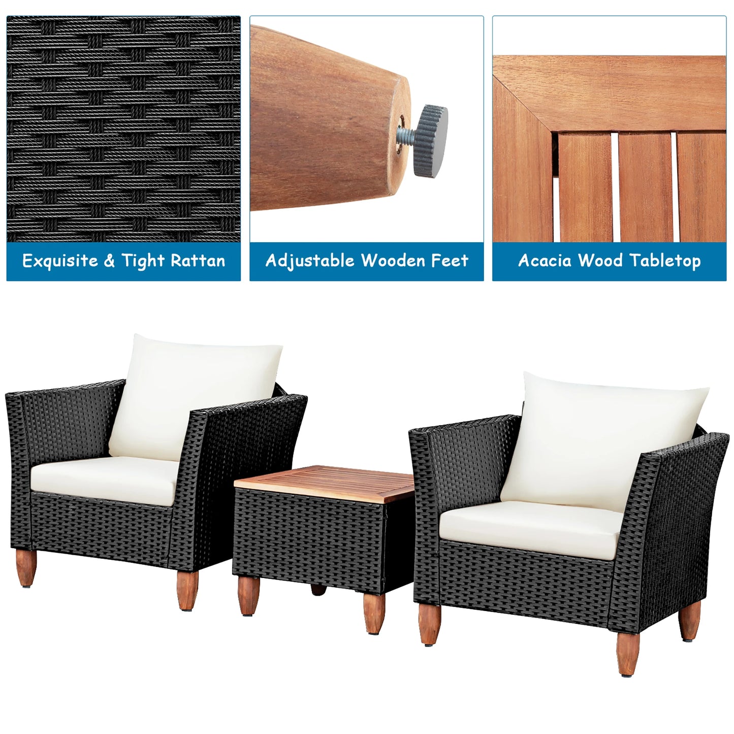 3PCS Outdoor Patio Rattan Furniture Set Wooden Table Top Cushioned Sofa Black