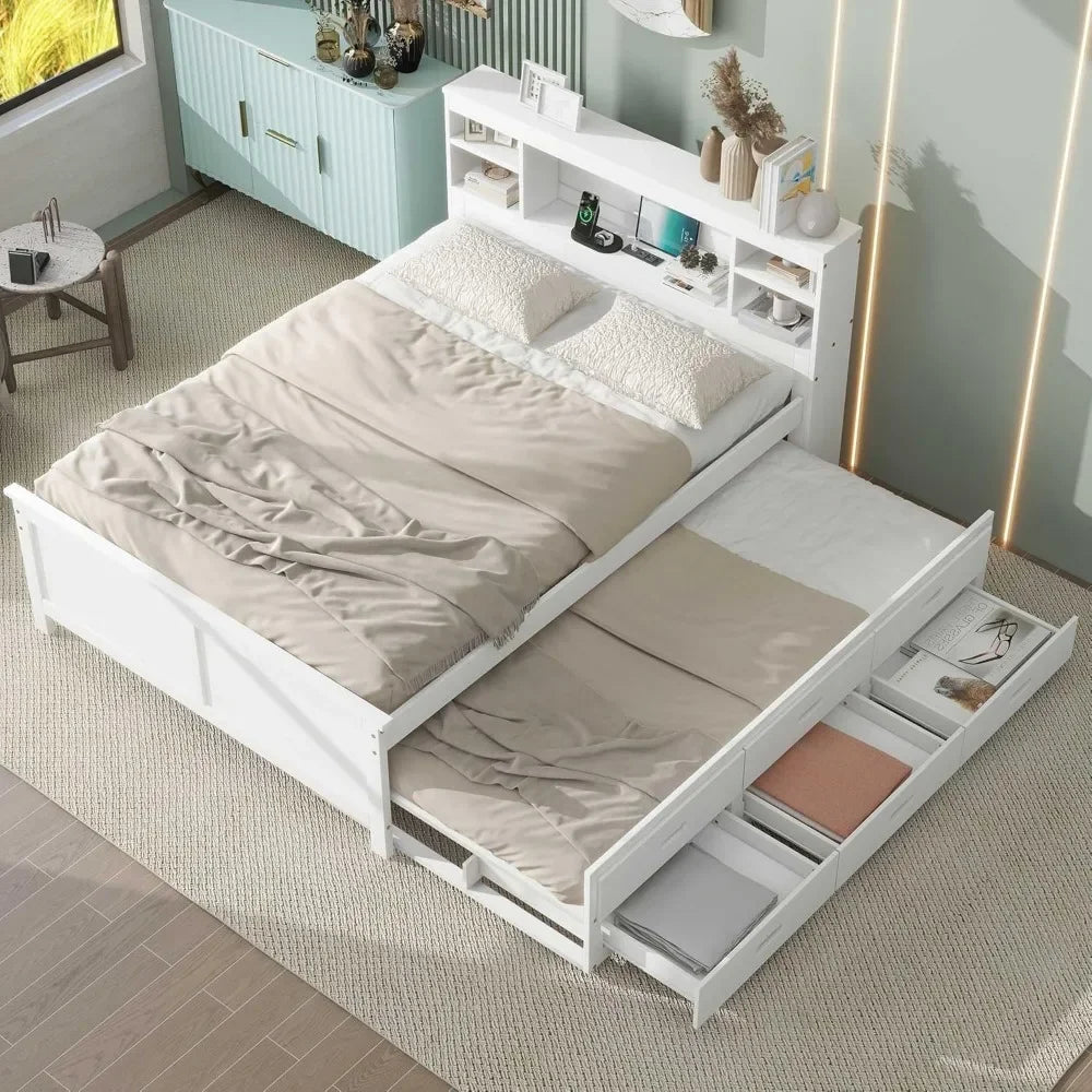 Full Storage Bed With Bookcase Headboard Wood Platform Bed Frames for Kids Teens Adults - White Bedroom Furniture Queen Frame