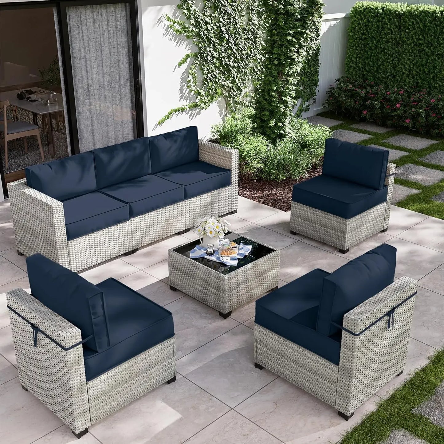 8-Piece Patio Furniture Set With Fire Pit Table, Seat Cushions Light Grey Outdoor Modular Wicker Conversation Set