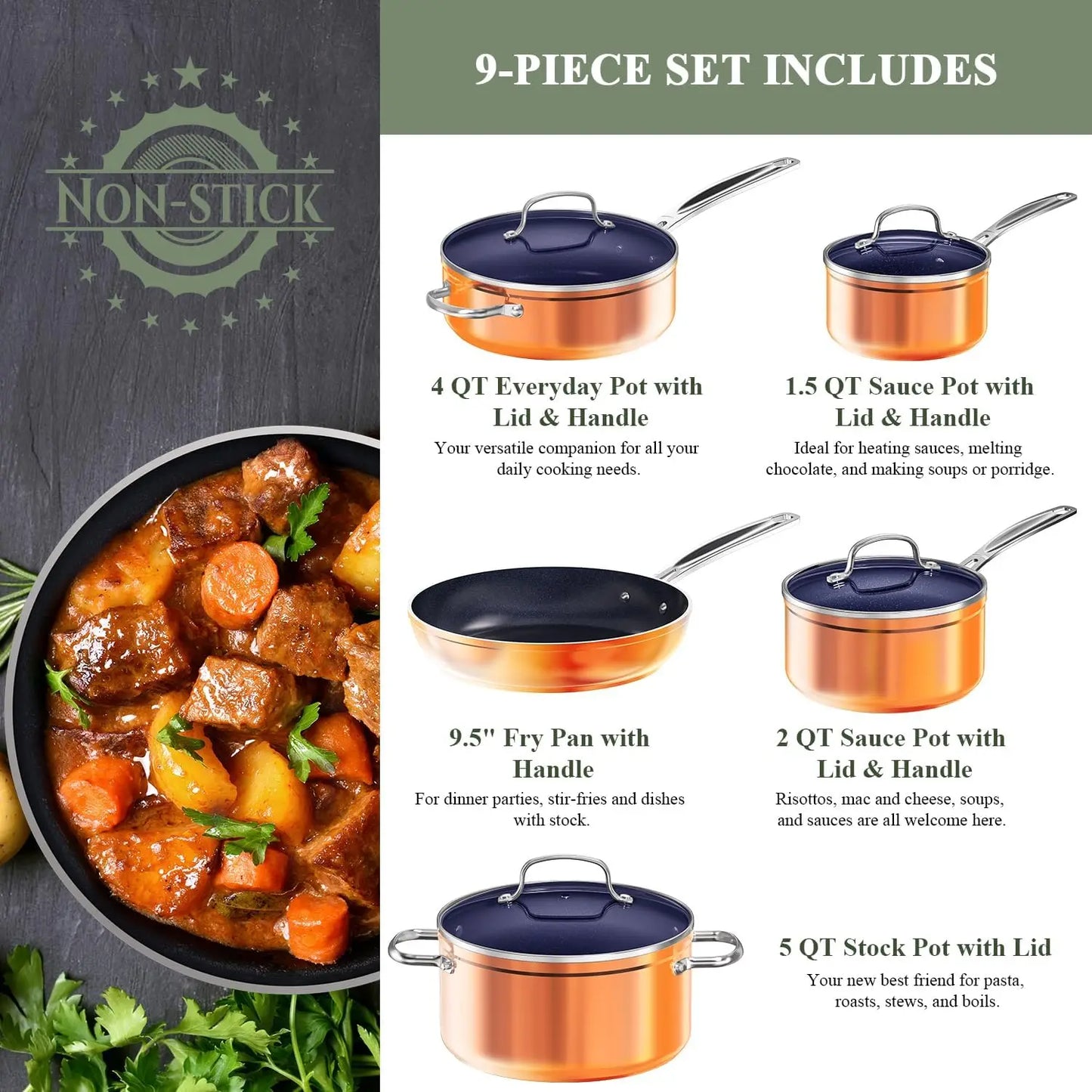ave 9Pc Cookware Set Healthy Duralon Blue Ceramic Nonstick Coated, Diamond Infused Scratch-Resistant, Pfas Free, Oven Safe,