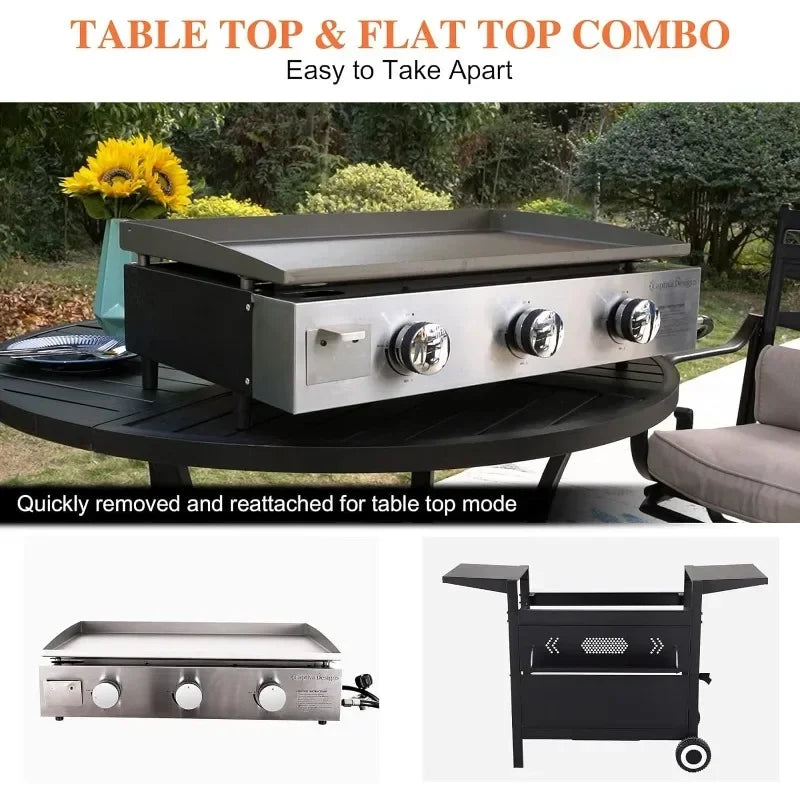 Flat Top Gas Griddle Grill with Lid 3-Burner Propane BBQ Grill Outdoor Cooking Station, Can Be Converted Into Table Top Griddle