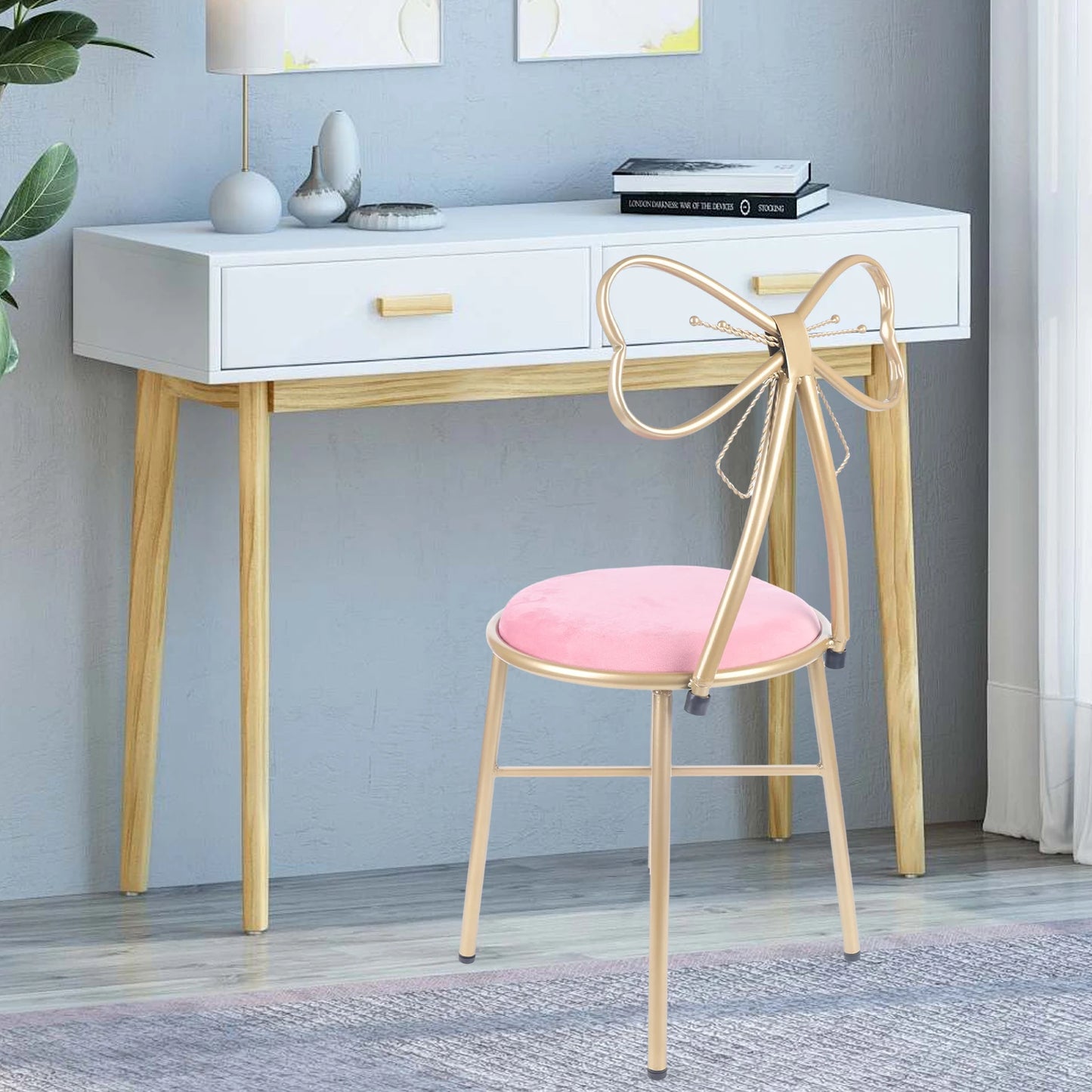 Vanity Stool Chair for Makeup Modern Velvet Butterfly Accent Chair Pink Cute Girls Bow Knot Backrest Chair Bedroom Home Decor