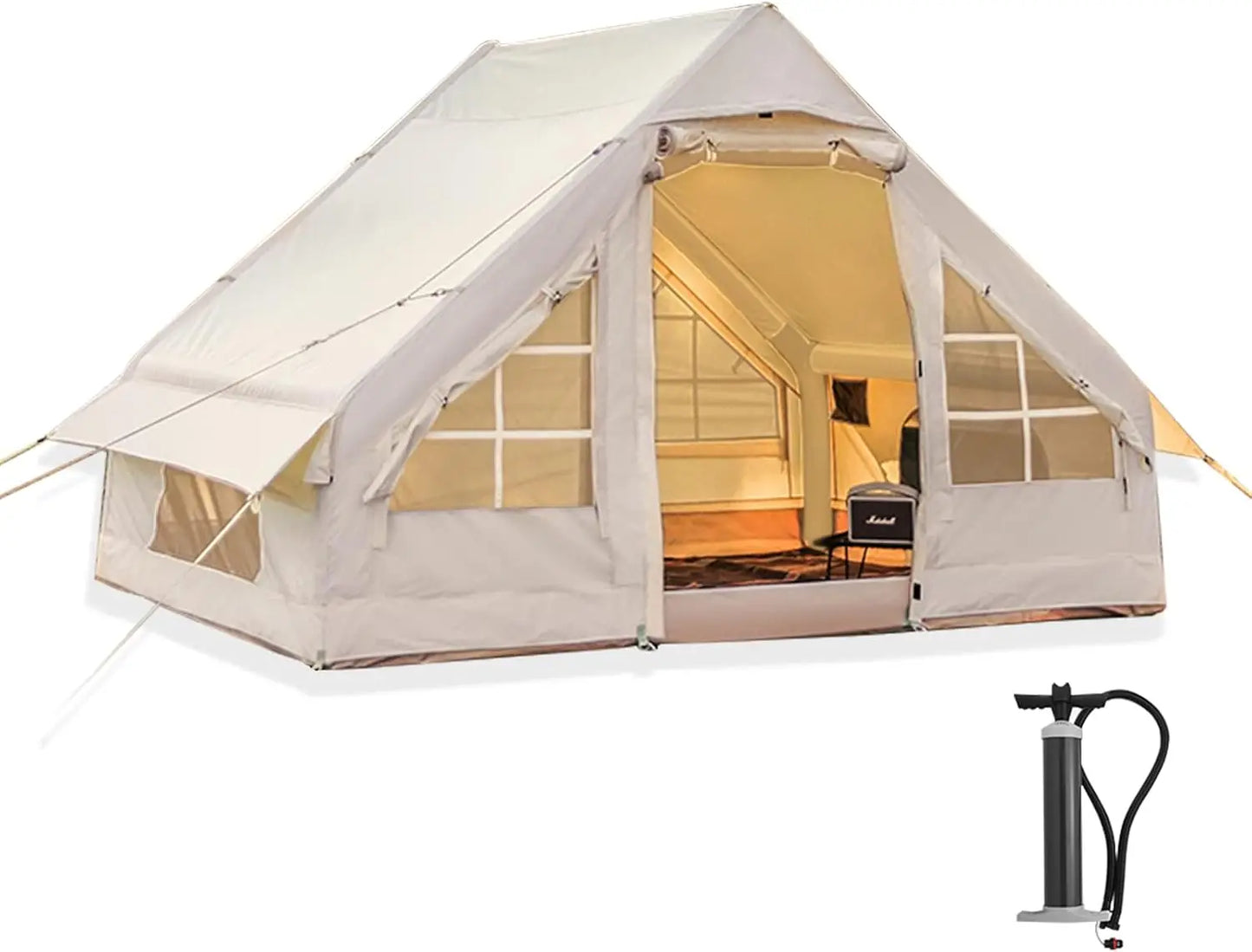 Pump, Glamping Tents, Easy Setup 4 Season Waterproof Windproof Outdoor Blow Up Tent, Luxury Cabin Tent with Mesh Windows & Doors