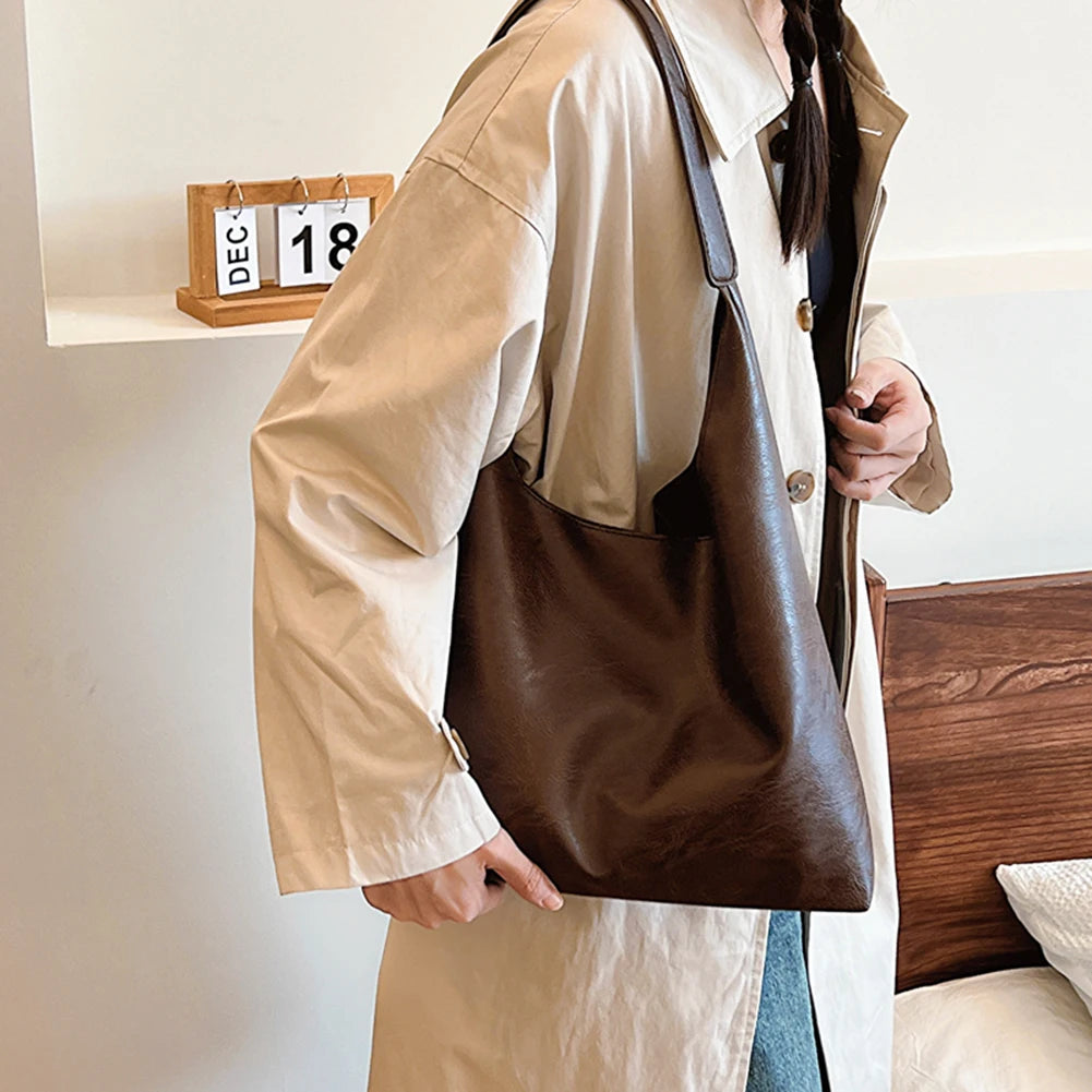 PU Soft Leather Tote Bag Large Capacity Women Big Shoulder Bag Female Simple Underarm Bag Hasp Closure Casual Commuting Bag