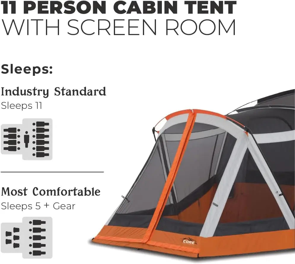 CORE 11-person family cabin tent with screen room, multiple rooms, storage pockets, and portable carry bag for outdoor camping.