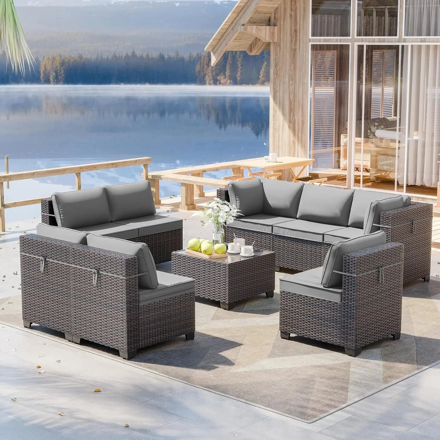 Patio Furniture Modularwith Swivel Chairs Outdoor Sectional Wicker Rattan w/Fire Pit Conversation Sofa Set for Backyard