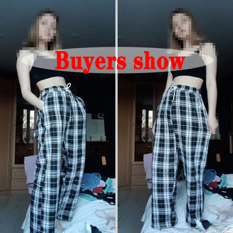 Lucyever Harajuku Black and White Plaid Pants Women Summer Casual Wide Leg Trousers Teens Hip Hop Unisex Loose Straight Pants