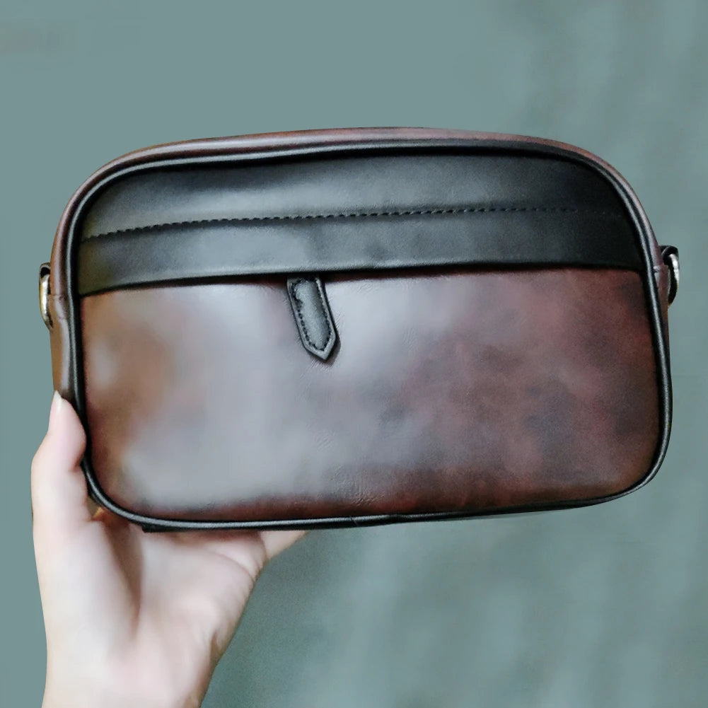 Casual Business Shoulder Bag for Men PU Leather Messenger Bag Wide Strap Crossbody Bags Square Plaid Designer Male Sling Purses
