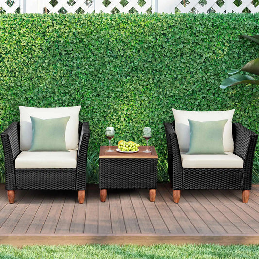 3PCS Outdoor Patio Rattan Furniture Set Wooden Table Top Cushioned Sofa Black