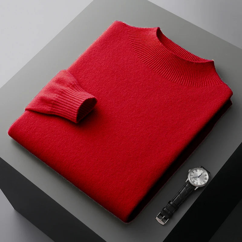 New Men's 100% Merino Wool Mock Neck Pullover Cashmere Sweater Soft Warm Jumpers Quality Casual Smart Knitwear Basic Tops Clothi