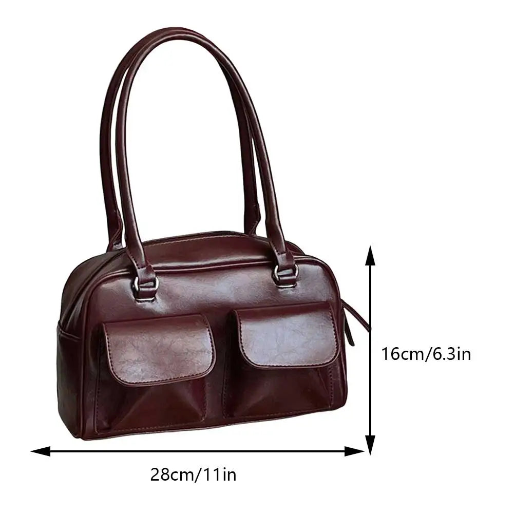 Retro Women's Satchel Hobo Bag PU Leather Shopping Bag Fashion Solid Designer Armpit Bag Casual Double Pocket Hand Underarm Bag