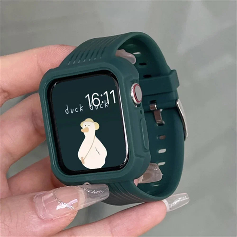 Stripe Sport Matte Band + Case For  Watch 44 45 49 42mm 40/38 For iWatch 7 8 6 5 SE 41 Silicone Women Clear Bracelet Strap