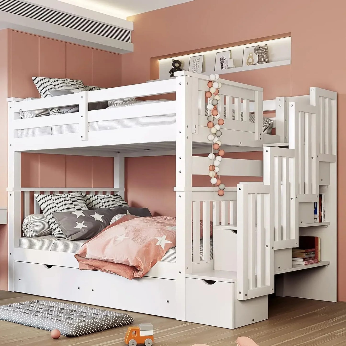 Full Over Full Bunk Bed with Trundle & Stairs, Wooden Full Size Bunk Bed Frame with Storage,for Kids Teens Adults