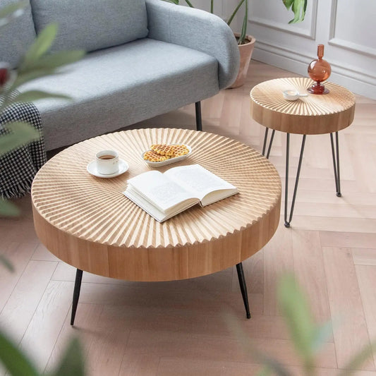 2-Piece Modern Farmhouse Coffee, Nesting Round Natural Finish with Handcrafted Wood Radial Pattern living room table sets,