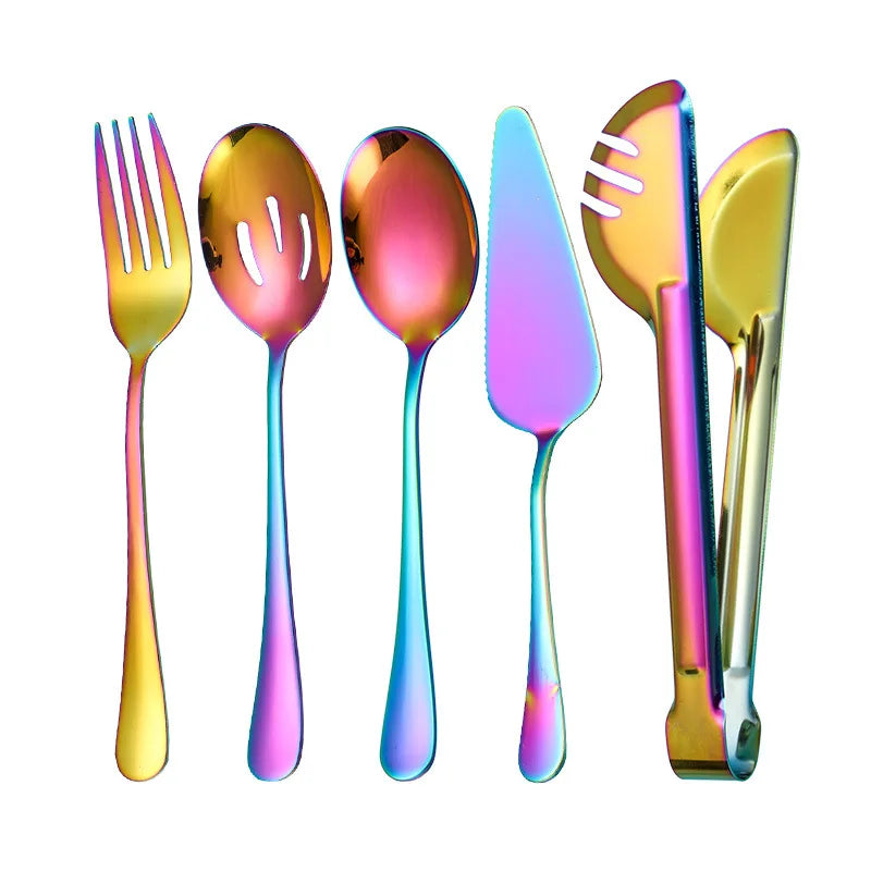 5Pcs Golden Thicken Stainless Steel Public Cutlery Set Western Service Spoon Colander Fork Cake Shovel Tongs Kitchen Tableware