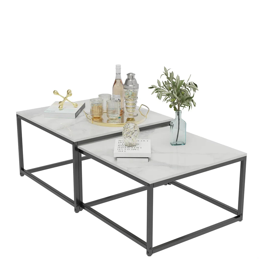 LUVODI Set of 2 Living Room Stackable Rectangle Nesting Coffee Accent Tables with Black n White Sintered Stone Tabletop