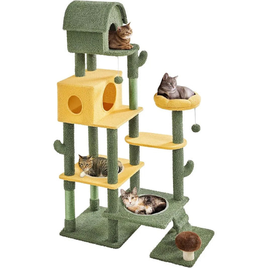 Cactus Cat Tree Large Cat Tree for Indoor Cats, Multi-Level Cat Tower with 2 Large Condo Scratching Posts 2 Acrylic Clear Bowls