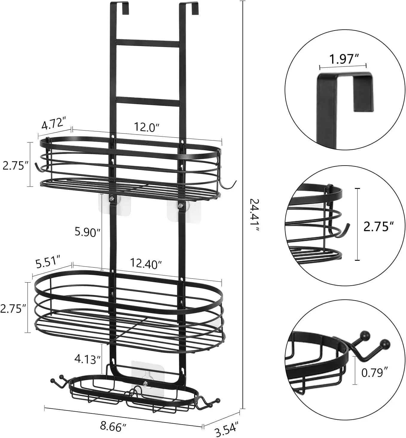 Bathroom hanging shower rack, shower storage rack with 4 hooks, rust proof and waterproof shower storage rack