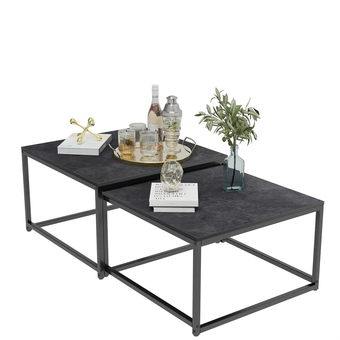 LUVODI Set of 2 Living Room Stackable Rectangle Nesting Coffee Accent Tables with Black n White Sintered Stone Tabletop