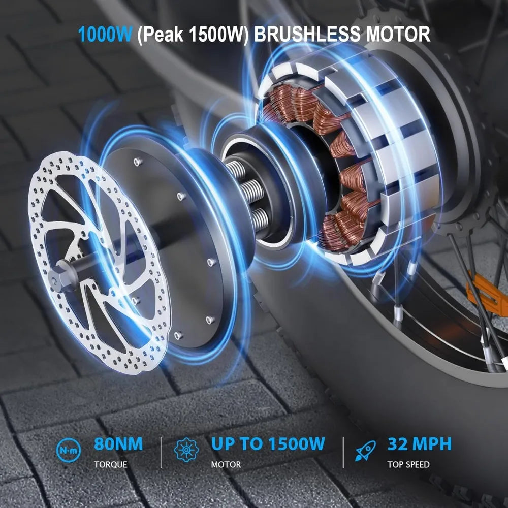 Electric Bike for Adults, 20 Inch Fat Tire Ebike with Peak 1500W Motor , 7 Speed Dirt Electric Motorcycle Bicycle