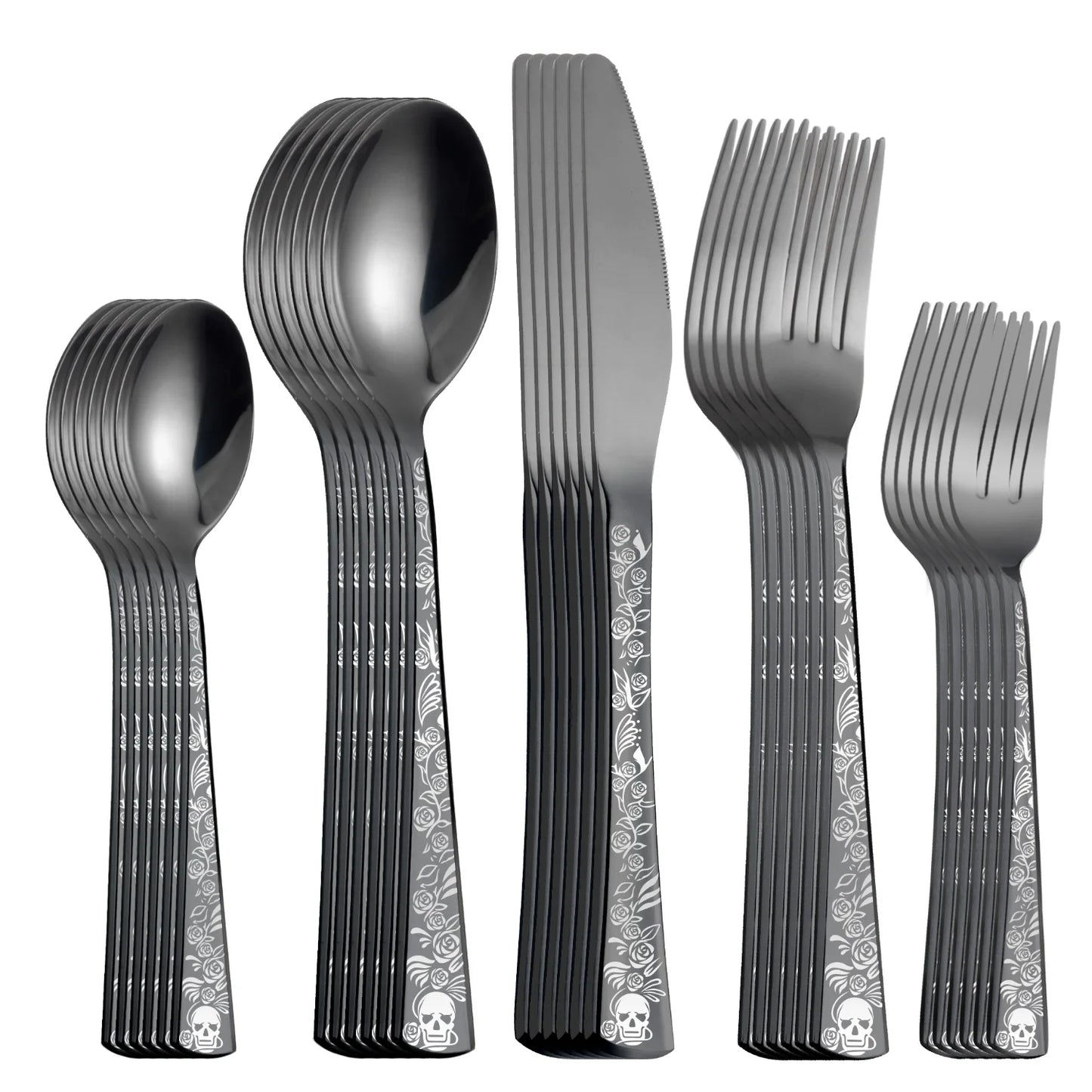 4/5/6/24/30/36 Pieces Forks Knives Spoons Dinnerware Tableware Dinner Set Skull Pattern Silver Cutlery for Banquet Restaurant