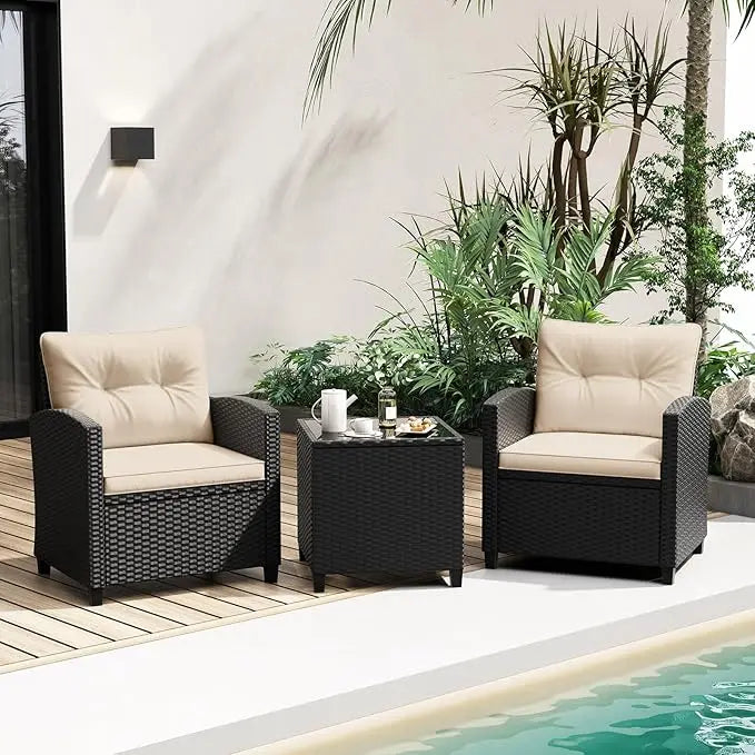 3 Piece Patio Furniture Set, Wicker Bistro Conversation Set w/2 Cushioned Armchairs & Glass Topped Table, Outdoor Rat