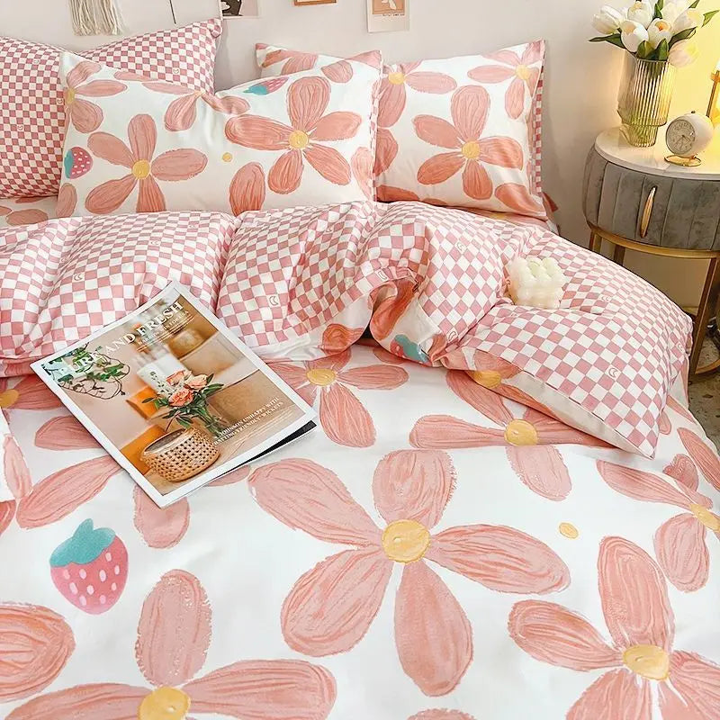 Pink Floral Bedding Set Soft Ins Single Double Queen Size Duvet Cover Flat Sheet Pillowcase Girls Home Totel Bed Linens