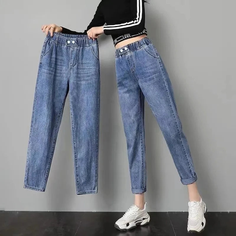 High Waist Denim Harlan Pants Women's Spring Autumn New Loose Elastic waist Jeans Female Loose Student Casual Ankle leng Pants