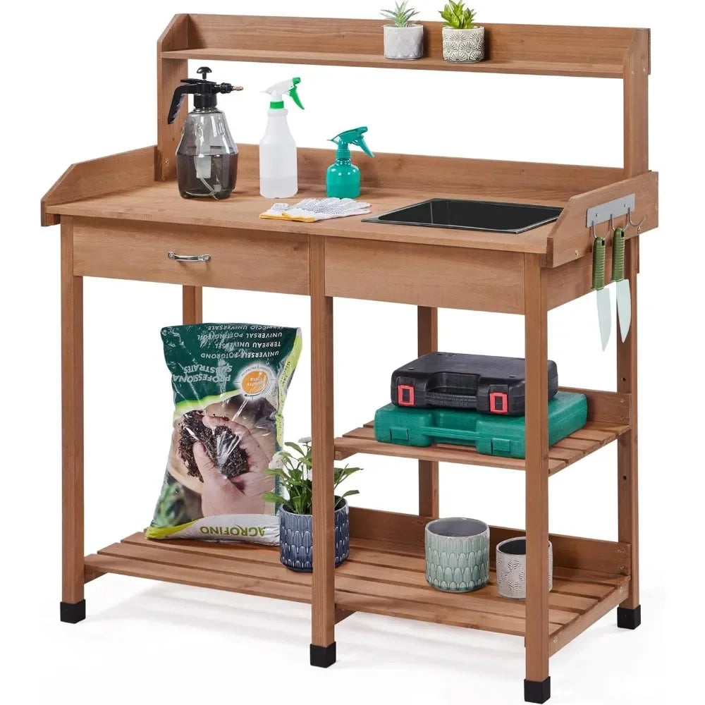 Potting Bench Outdoor Garden Work Bench Station Planting Solid Wood Construction for Horticulture W/Sink Drawer Rack Shelves